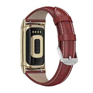 For Fitbit Charge5 Mijobs Genuine Leather Slim Watch Band(Red+Gold)