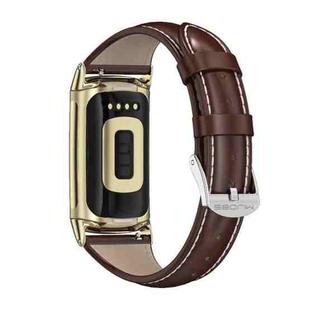 For Fitbit Charge5 Mijobs Genuine Leather Slim Watch Band(Coffee+Gold)