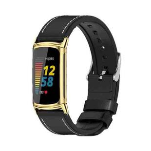 For Fitbit Charge5 Mijobs TPU + Leather Watch Band(Black+Gold)