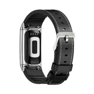 For Fitbit Charge5 Mijobs TPU + Leather Watch Band(Black+Silver)