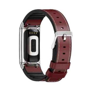 For Fitbit Charge5 Mijobs TPU + Leather Watch Band(Red+Silver)