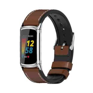 For Fitbit Charge5 Mijobs TPU + Leather Watch Band(Brown+Silver)