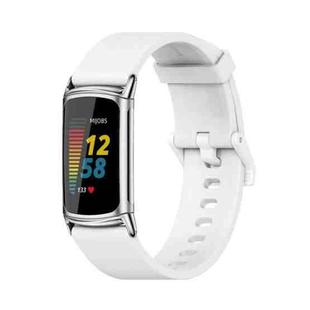 For Fitbit Charge 5 Mijobs Soft Silicone  Watch Band(White+Silver)