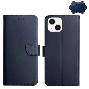 For iPhone 14 Plus Genuine Leather Fingerprint-proof Horizontal Flip Phone Case  (Blue)