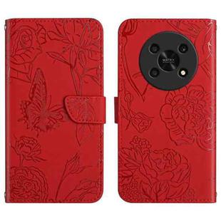 For Honor Magic4 Lite 5G Skin Feel Butterfly Peony Embossed Leather Phone Case(Red)