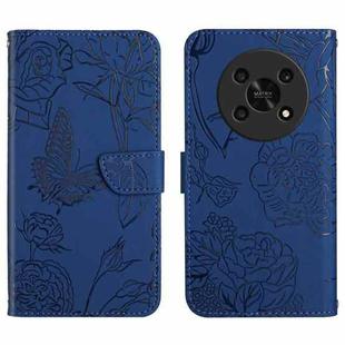 For Honor Magic4 Lite 5G Skin Feel Butterfly Peony Embossed Leather Phone Case(Blue)