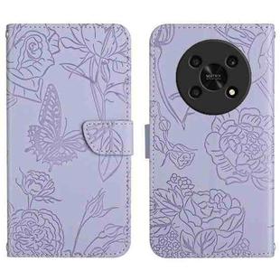 For Honor Magic4 Lite 5G Skin Feel Butterfly Peony Embossed Leather Phone Case(Purple)