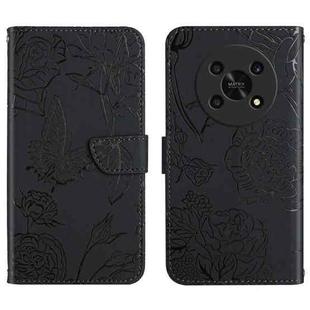 For Honor Magic4 Lite 5G Skin Feel Butterfly Peony Embossed Leather Phone Case(Black)