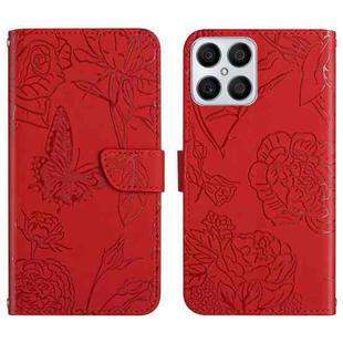 For Honor X8 Skin Feel Butterfly Peony Embossed Leather Phone Case(Red)