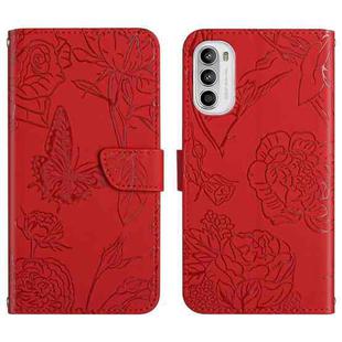 For Motorola Moto G82 Skin Feel Butterfly Peony Embossed Leather Phone Case(Red)