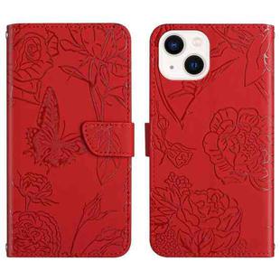For iPhone 14 Skin Feel Butterfly Peony Embossed Leather Phone Case (Red)