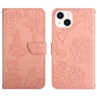 For iPhone 14 Skin Feel Butterfly Peony Embossed Leather Phone Case (Pink)