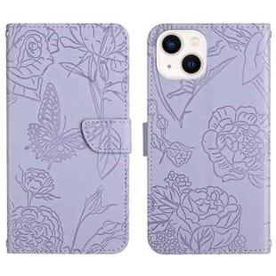 For iPhone 14 Skin Feel Butterfly Peony Embossed Leather Phone Case (Purple)