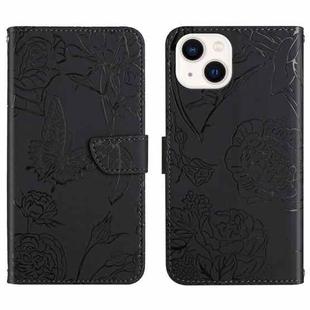 For iPhone 14 Skin Feel Butterfly Peony Embossed Leather Phone Case (Black)