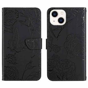For iPhone 14 Plus Skin Feel Butterfly Peony Embossed Leather Phone Case  (Black)