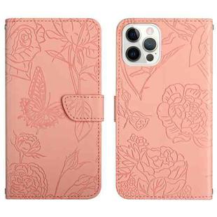 For iPhone 14 Pro Skin Feel Butterfly Peony Embossed Leather Phone Case (Pink)