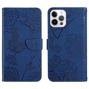 For iPhone 14 Pro Skin Feel Butterfly Peony Embossed Leather Phone Case (Blue)