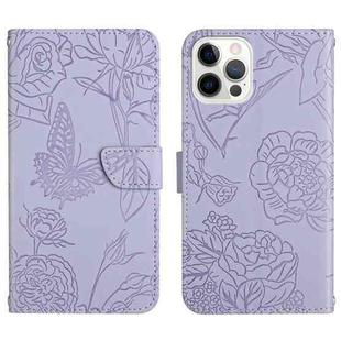 For iPhone 14 Pro Skin Feel Butterfly Peony Embossed Leather Phone Case (Purple)