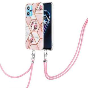 For OPPO Realme 9 Pro 5G Splicing Marble Flower Pattern TPU Phone Case with Lanyard(Pink Flower)