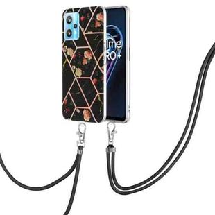 For OPPO Realme 9 Pro 5G Splicing Marble Flower Pattern TPU Phone Case with Lanyard(Black Flower)