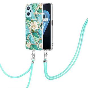 For OPPO Realme 9i / A36 / A96 4G Splicing Marble Flower Pattern TPU Phone Case with Lanyard(Blue Flower)