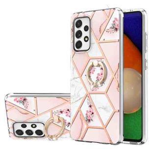 For Samsung Galaxy A33 5G Splicing Marble Flower Pattern TPU Ring Holder Case(Pink Flower)