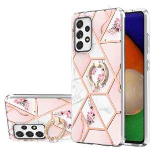 For Samsung Galaxy A73 5G Splicing Marble Flower Pattern TPU Ring Holder Case(Pink Flower)