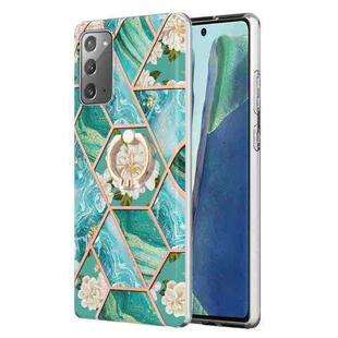 For Samsung Galaxy Note20 Splicing Marble Flower Pattern TPU Ring Holder Case(Blue Flower)
