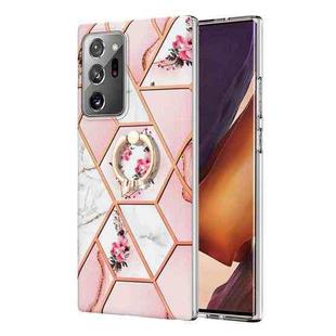 For Samsung Galaxy Note20 Ultra Splicing Marble Flower Pattern TPU Ring Holder Case(Pink Flower)