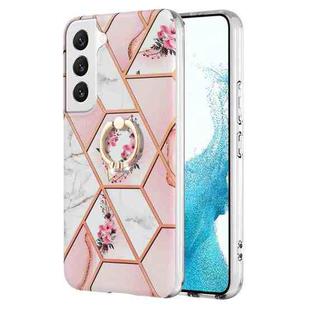 For Samsung Galaxy S22 5G Splicing Marble Flower Pattern TPU Ring Holder Case(Pink Flower)