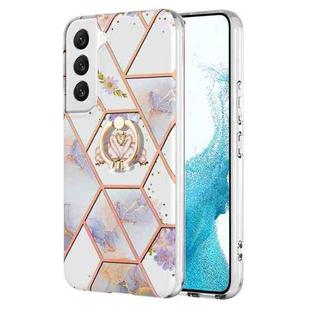 For Samsung Galaxy S22 5G Splicing Marble Flower Pattern TPU Ring Holder Case(Imperial Crown)