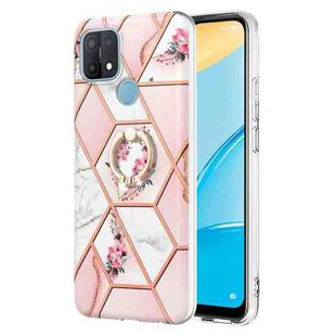 For OPPO A15 / A15s Splicing Marble Flower Pattern TPU Ring Holder Case(Pink Flower)