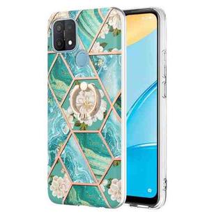 For OPPO A15 / A15s Splicing Marble Flower Pattern TPU Ring Holder Case(Blue Flower)