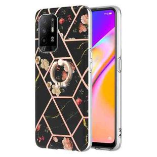 For OPPO A94 5G / A95 5G Splicing Marble Flower Pattern TPU Ring Holder Case(Black Flower)