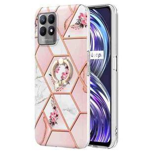 For OPPO Realme 8i Splicing Marble Flower Pattern TPU Ring Holder Case(Pink Flower)