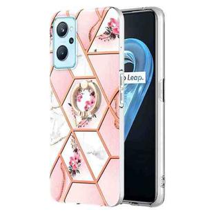 For OPPO Realme 9i / A36 / A96 4G Splicing Marble Flower Pattern TPU Ring Holder Case(Pink Flower)