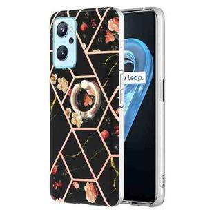 For OPPO Realme 9i / A36 / A96 4G Splicing Marble Flower Pattern TPU Ring Holder Case(Black Flower)