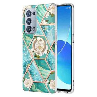 For OPPO Reno6 Pro+ 5G / Reno6 Pro Splicing Marble Flower Pattern TPU Ring Holder Case(Blue Flower)