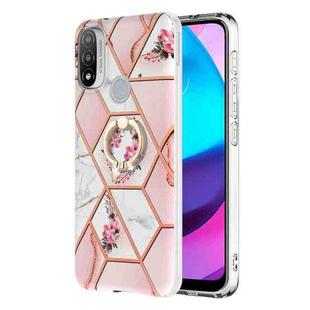 For Motorola Moto E20 / E30 / E40 Splicing Marble Flower Pattern TPU Ring Holder Case(Pink Flower)