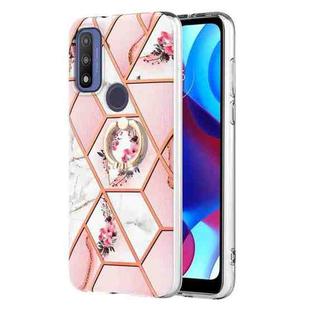 For Motorola Moto G Pure Splicing Marble Flower Pattern TPU Ring Holder Case(Pink Flower)