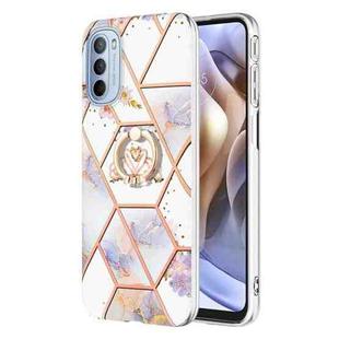 For Motorola Moto G31 / G41 Splicing Marble Flower Pattern TPU Ring Holder Case(Imperial Crown)