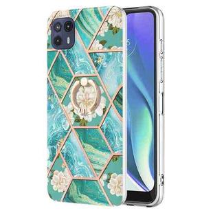 For Motorola Moto G50 5G Splicing Marble Flower Pattern TPU Ring Holder Case(Blue Flower)