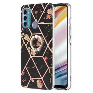 For Motorola Moto G60 / G40 Fusion Splicing Marble Flower Pattern TPU Ring Holder Case(Black Flower)