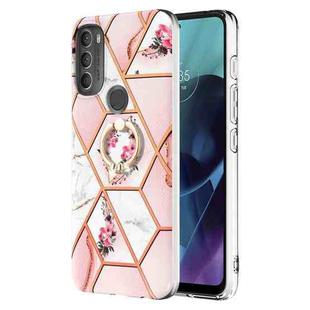 For Motorola Moto G71 5G Splicing Marble Flower Pattern TPU Ring Holder Case(Pink Flower)