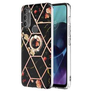 For Motorola Moto G71 5G Splicing Marble Flower Pattern TPU Ring Holder Case(Black Flower)