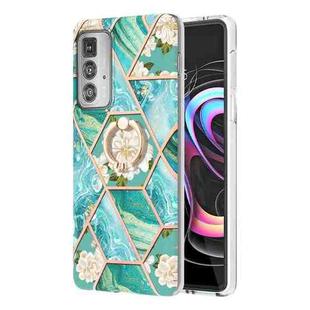 For Motorola Edge 20 Pro Splicing Marble Flower Pattern TPU Ring Holder Case(Blue Flower)