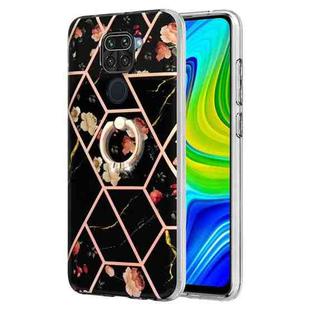 For Xiaomi Redmi Note 9 / 10X 4G Splicing Marble Flower Pattern TPU Ring Holder Case(Black Flower)