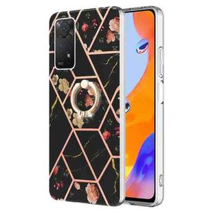 For Xiaomi Redmi Note 11 Pro 5G / 4G Foreign Splicing Marble Flower Pattern TPU Ring Holder Case(Black Flower)