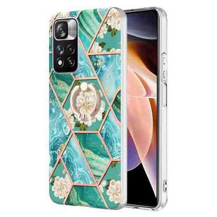 For Xiaomi Redmi Note 11 Pro / Note 11 Pro+ Splicing Marble Flower Pattern TPU Ring Holder Case(Blue Flower)