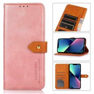 For iPhone 14 KHAZNEH Dual-color Cowhide Texture Flip Leather Phone Case (Rose Gold)